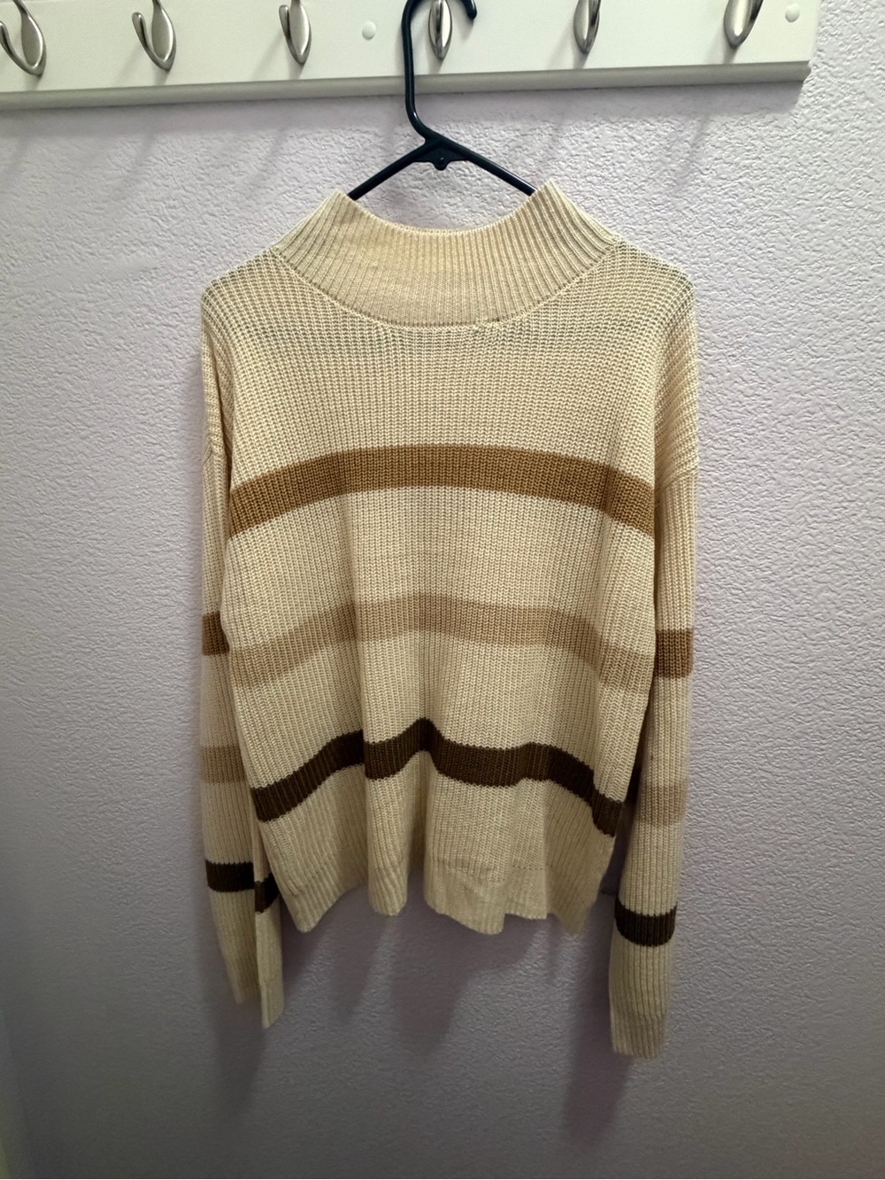 Pink Lily Cream Striped Funnel Neck Sweater